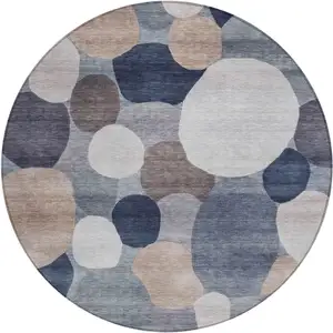Photo of 8' Blue Beige And Gray Round Geometric Washable Indoor Outdoor Area Rug