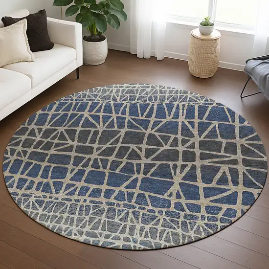 8' Blue Beige And Gray Round Geometric Washable Indoor Outdoor Area Rug Photo 5