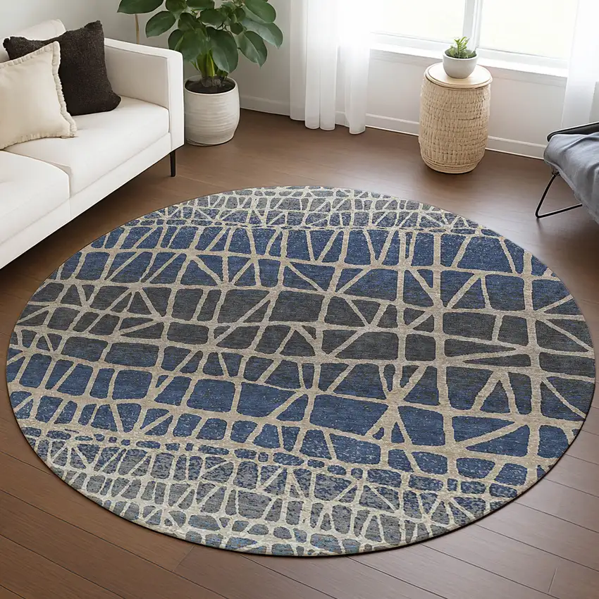 8' Blue Beige And Gray Round Geometric Washable Indoor Outdoor Area Rug Photo 5