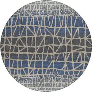 Photo of 8' Blue Beige And Gray Round Geometric Washable Indoor Outdoor Area Rug