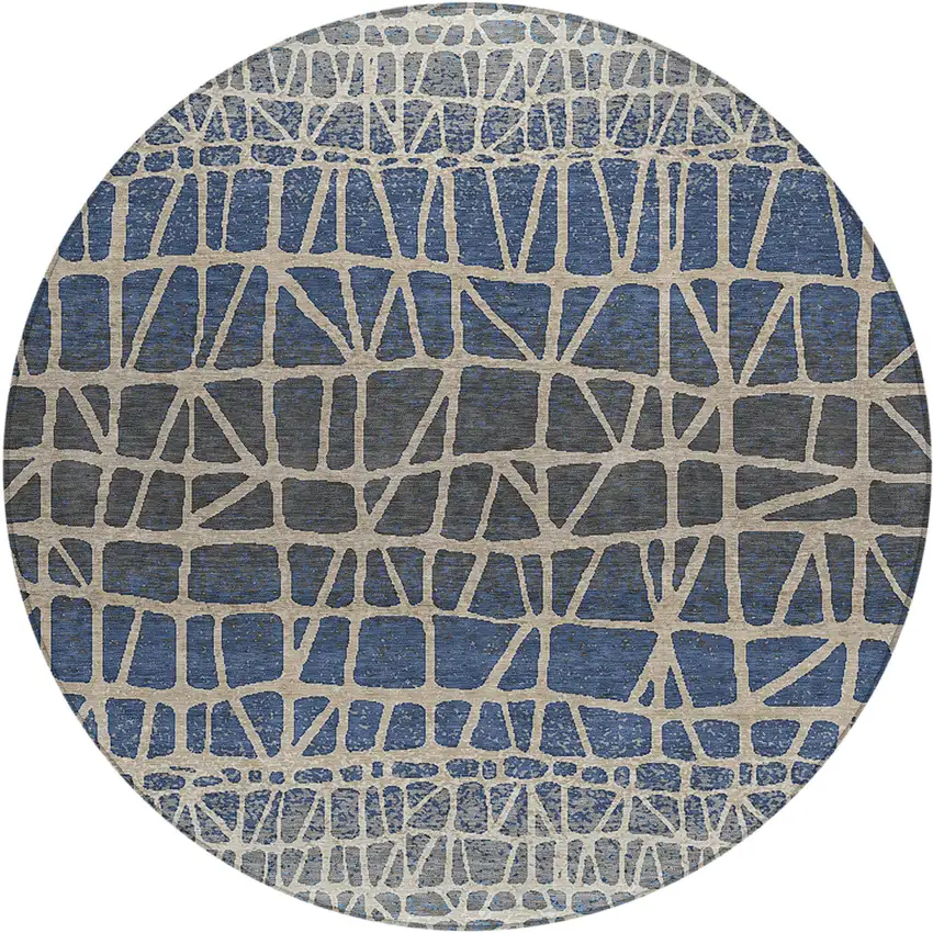 8' Blue Beige And Gray Round Geometric Washable Indoor Outdoor Area Rug Photo 1