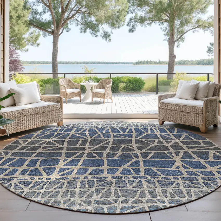 8' Blue Beige And Gray Round Geometric Washable Indoor Outdoor Area Rug Photo 4