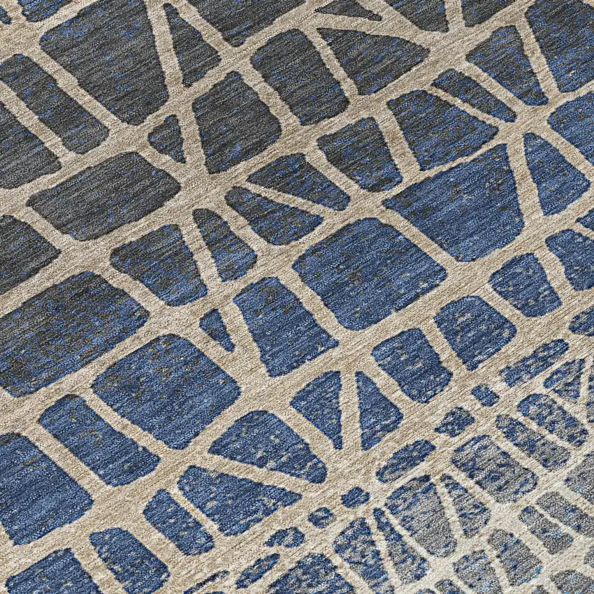 8' Blue Beige And Gray Round Geometric Washable Indoor Outdoor Area Rug Photo 9