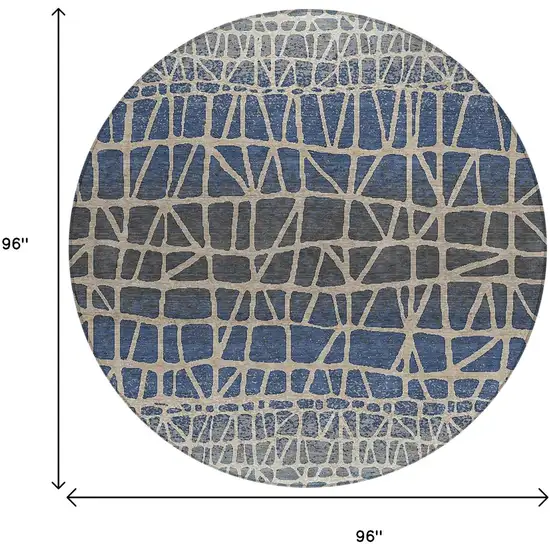 8' Blue Beige And Gray Round Geometric Washable Indoor Outdoor Area Rug Photo 7
