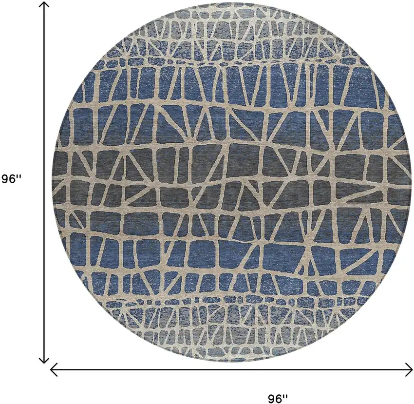 8' Blue Beige And Gray Round Geometric Washable Indoor Outdoor Area Rug Photo 7