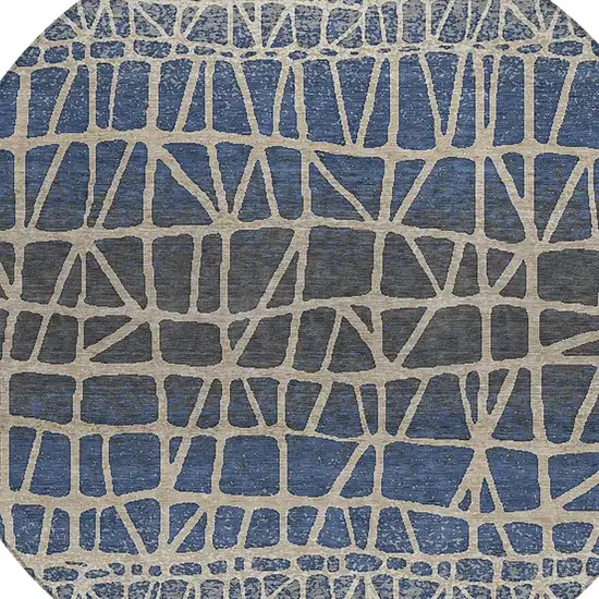 8' Blue Beige And Gray Round Geometric Washable Indoor Outdoor Area Rug Photo 2
