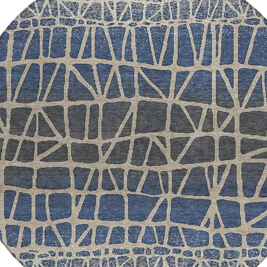 8' Blue Beige And Gray Round Geometric Washable Indoor Outdoor Area Rug Photo 2