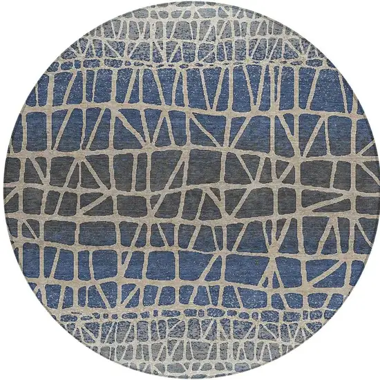 8' Blue Beige And Gray Round Geometric Washable Indoor Outdoor Area Rug Photo 3