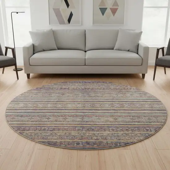 8' Blue Beige And Gray Striped Washable Round Rug With UV Protection Photo 2