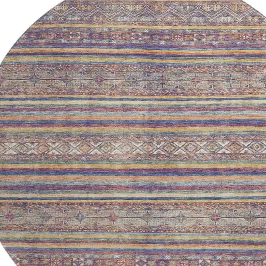 8' Blue Beige And Gray Striped Washable Round Rug With UV Protection Photo 2