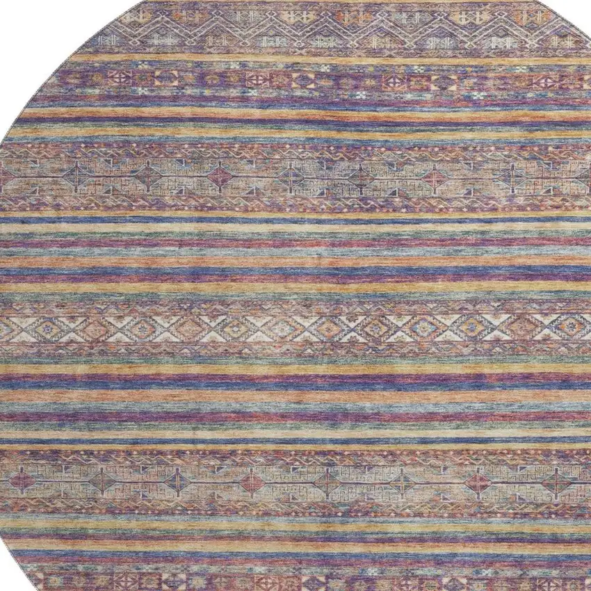 8' Blue Beige And Gray Striped Washable Round Rug With UV Protection Photo 2