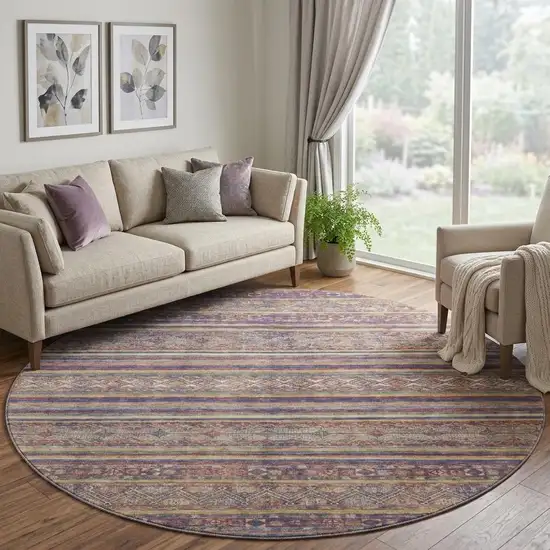 8' Blue Beige And Gray Striped Washable Round Rug With UV Protection Photo 1