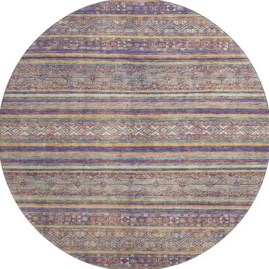 8' Blue Beige And Gray Striped Washable Round Rug With UV Protection Photo 4