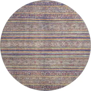Photo of 8' Blue Beige And Gray Striped Washable Round Rug With UV Protection