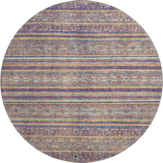 8' Blue Beige And Gray Striped Washable Round Rug With UV Protection Photo 1