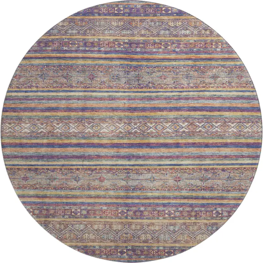 8' Blue Beige And Gray Striped Washable Round Rug With UV Protection Photo 1