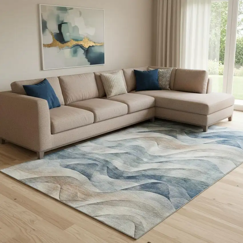 8' Blue Beige And Ivory Abstract Washable Area Rug With UV Protection Photo 2