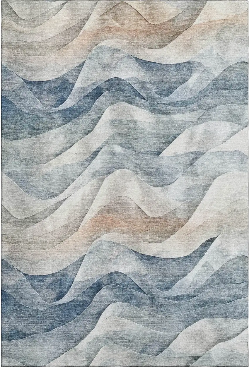 8' Blue Beige And Ivory Abstract Washable Area Rug With UV Protection Photo 1