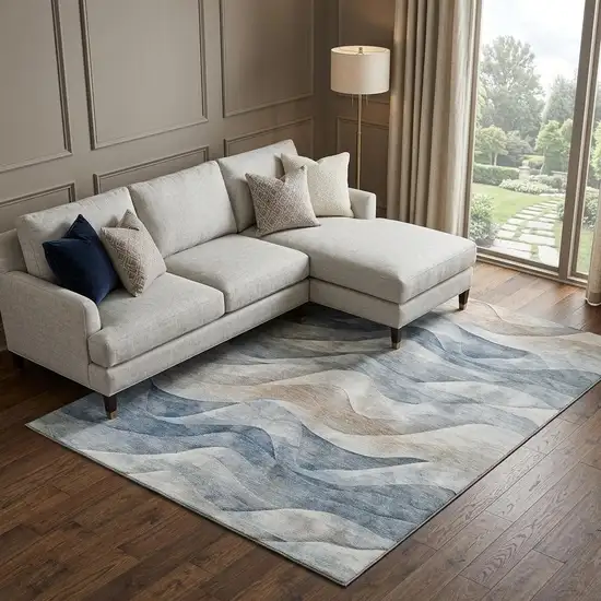 8' Blue Beige And Ivory Abstract Washable Area Rug With UV Protection Photo 1