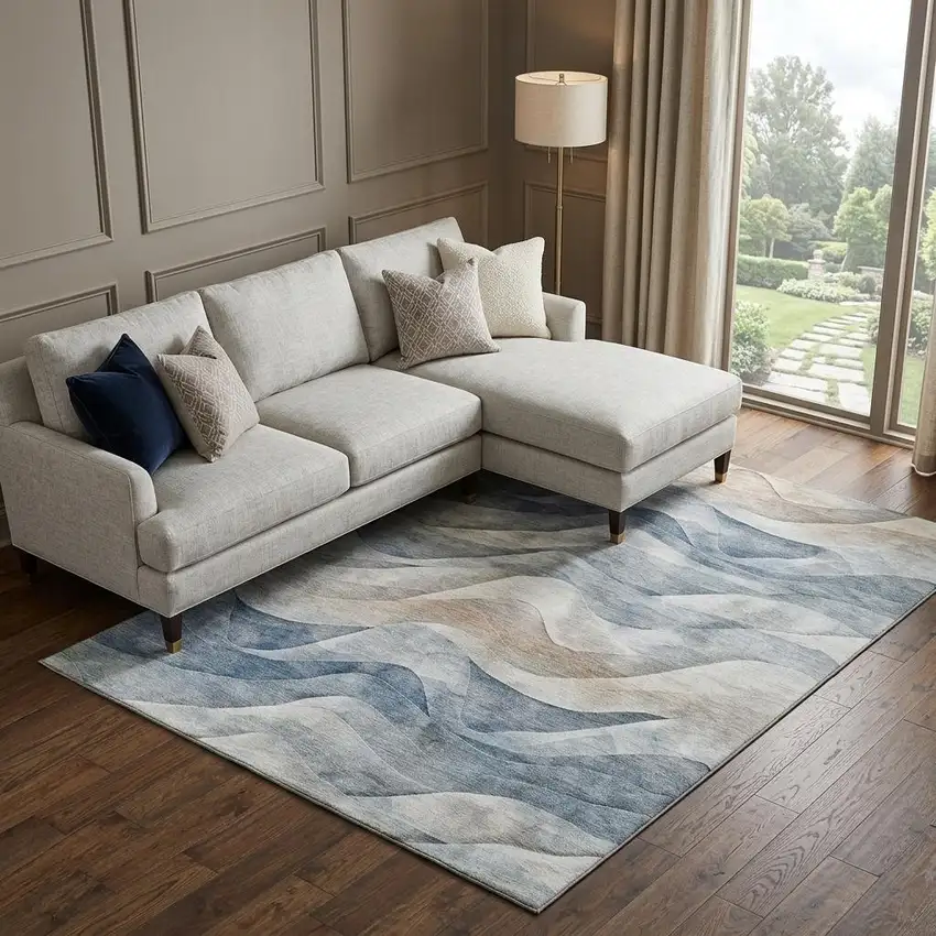 8' Blue Beige And Ivory Abstract Washable Area Rug With UV Protection Photo 1