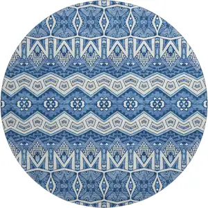 Photo of 8' Blue Beige And Ivory Moroccan Washable Round Rug With UV Protection