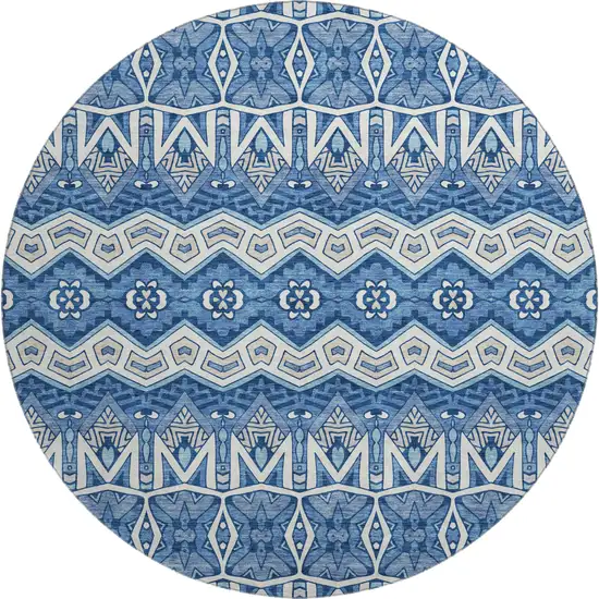 8' Blue Beige And Ivory Moroccan Washable Round Rug With UV Protection Photo 1