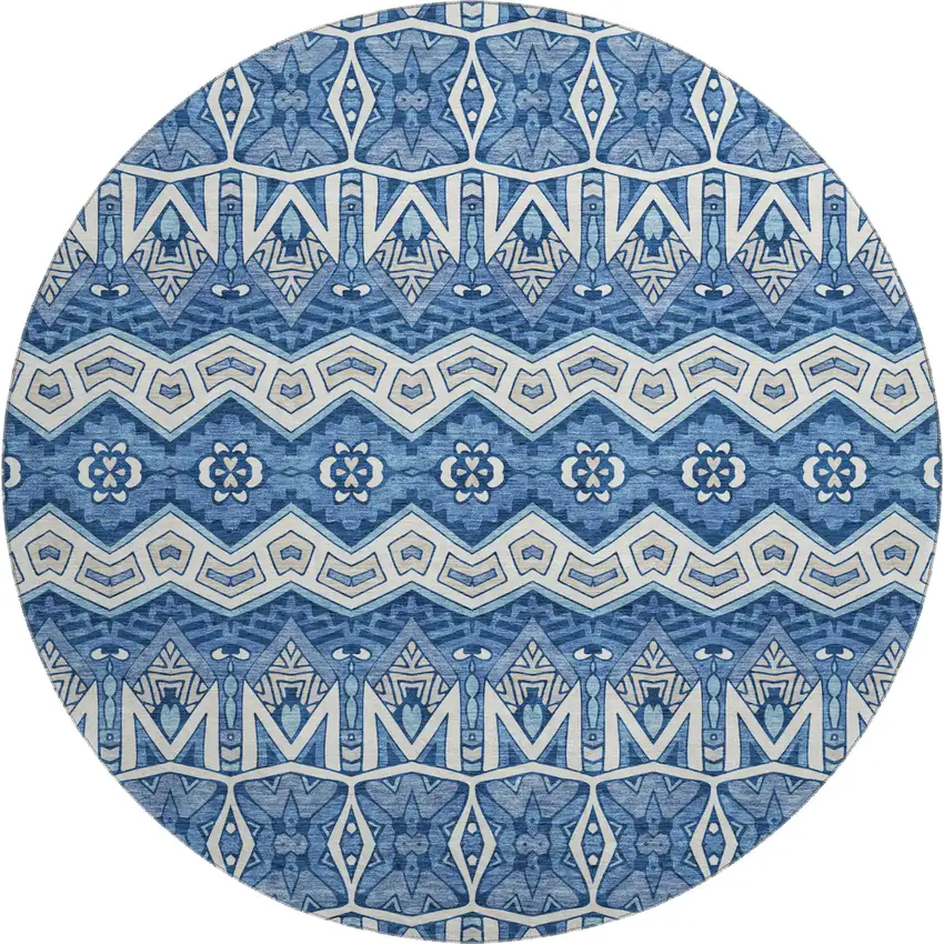 8' Blue Beige And Ivory Moroccan Washable Round Rug With UV Protection Photo 1