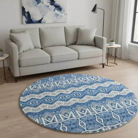 8' Blue Beige And Ivory Moroccan Washable Round Rug With UV Protection Photo 2