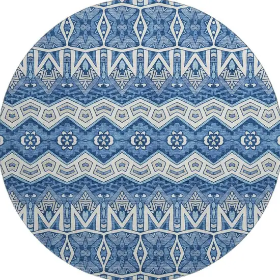 8' Blue Beige And Ivory Moroccan Washable Round Rug With UV Protection Photo 4