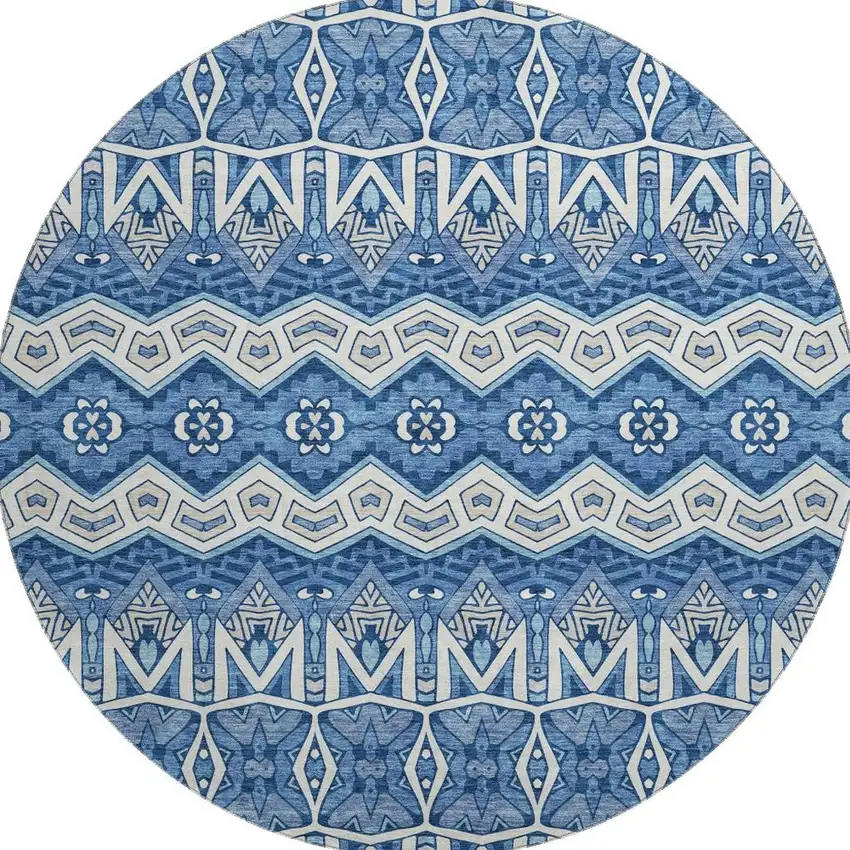 8' Blue Beige And Ivory Moroccan Washable Round Rug With UV Protection Photo 4