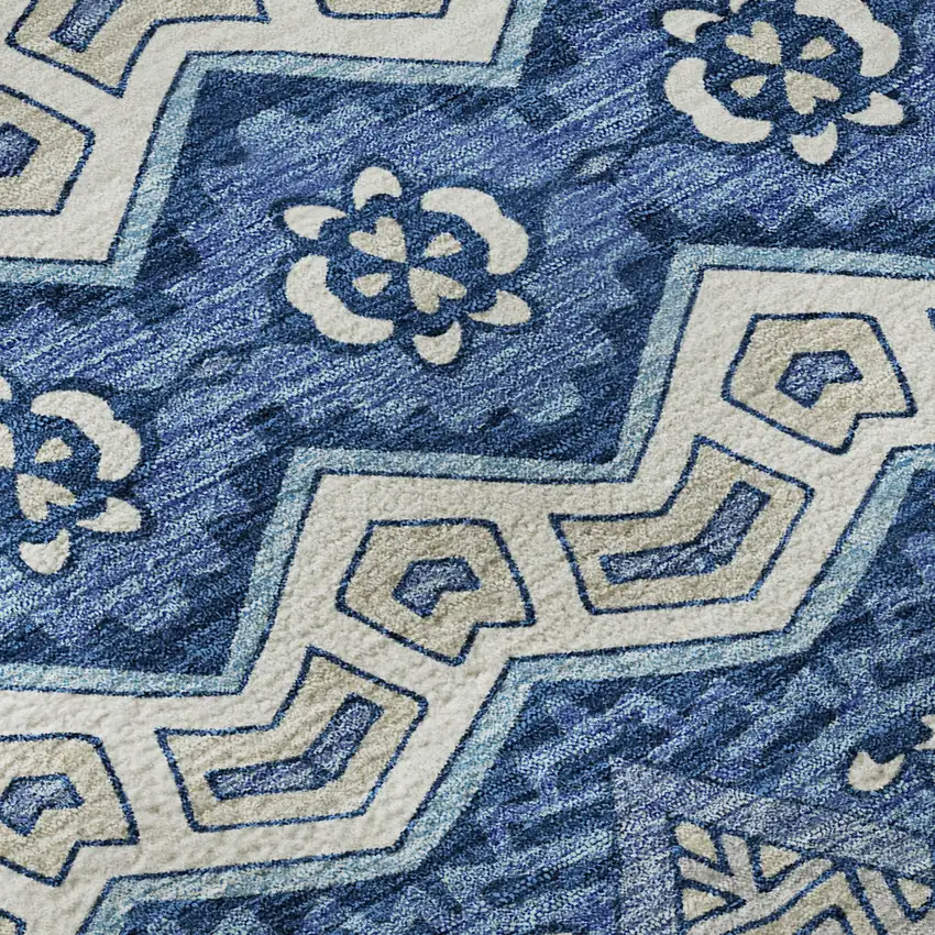 8' Blue Beige And Ivory Moroccan Washable Round Rug With UV Protection Photo 9