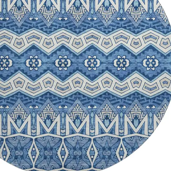 8' Blue Beige And Ivory Moroccan Washable Round Rug With UV Protection Photo 3