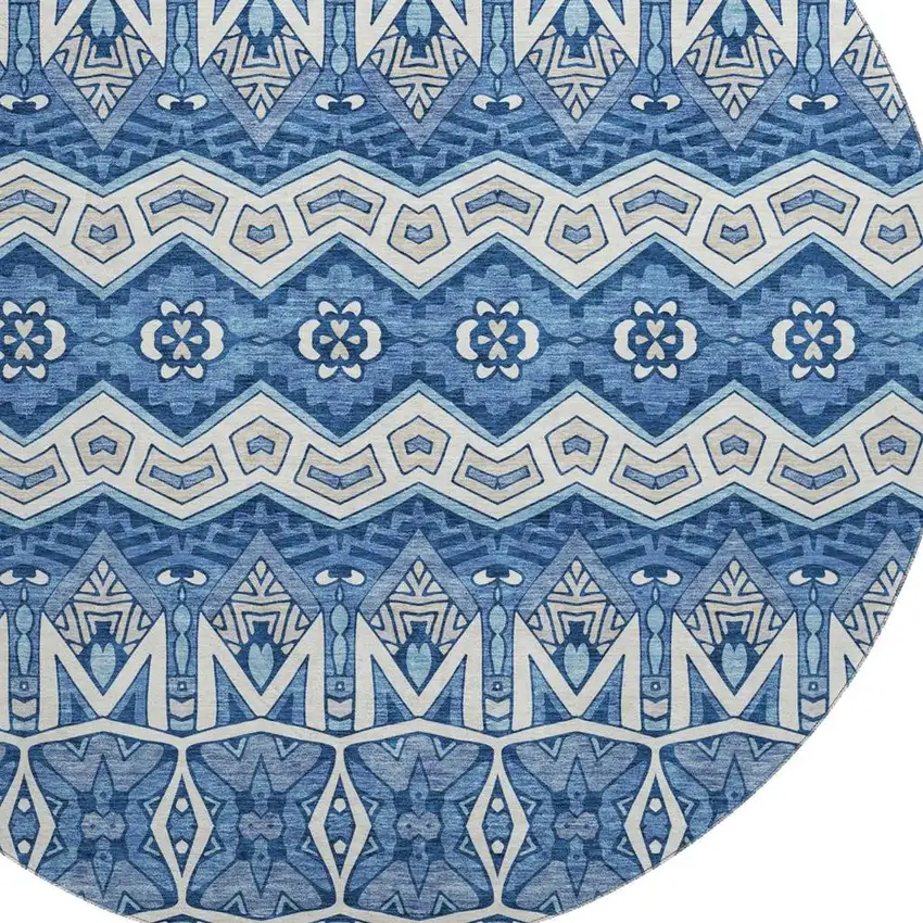 8' Blue Beige And Ivory Moroccan Washable Round Rug With UV Protection Photo 3