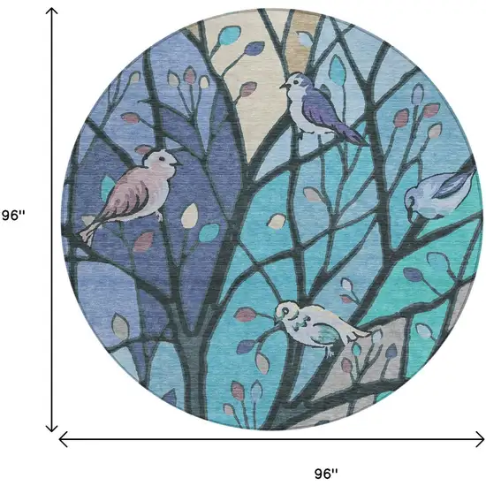 8' Blue Beige And Khaki Round Botanical Leaves Washable Indoor Outdoor Area Rug Photo 3