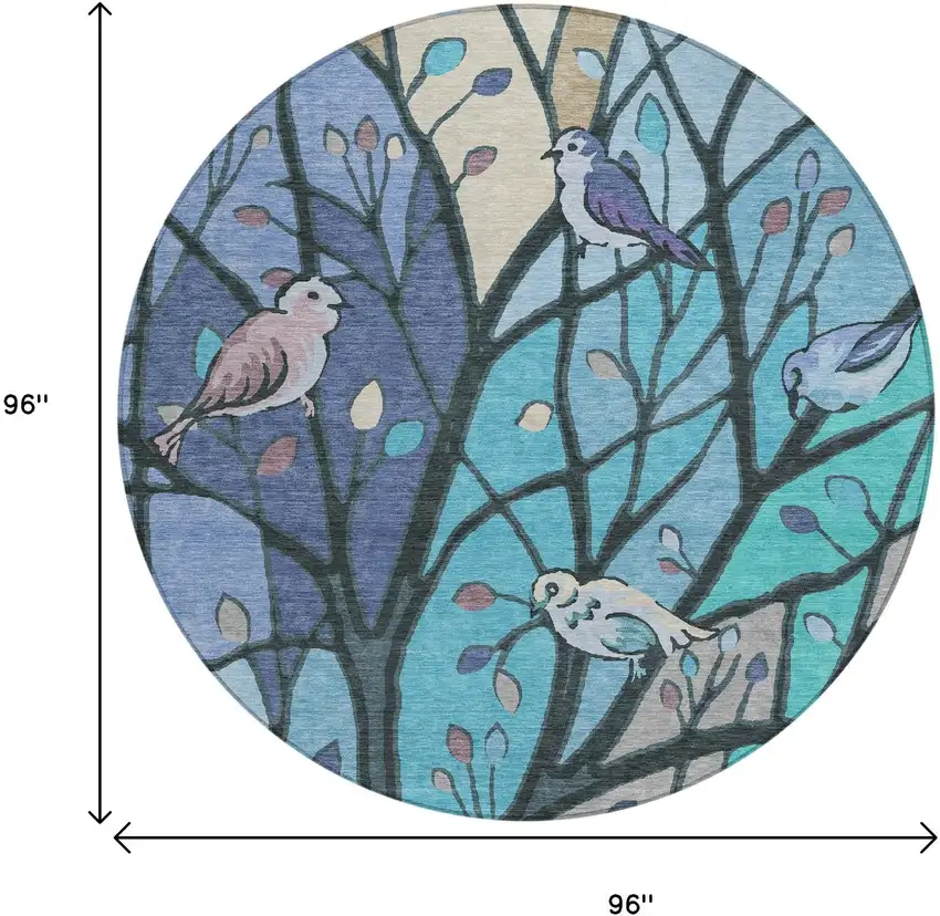 8' Blue Beige And Khaki Round Botanical Leaves Washable Indoor Outdoor Area Rug Photo 3