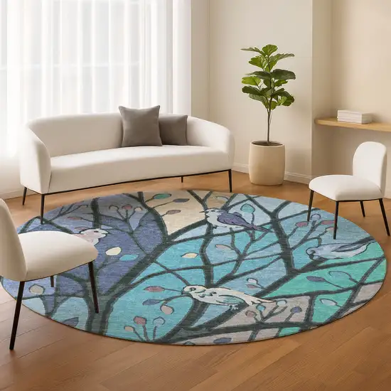 8' Blue Beige And Khaki Round Botanical Leaves Washable Indoor Outdoor Area Rug Photo 9