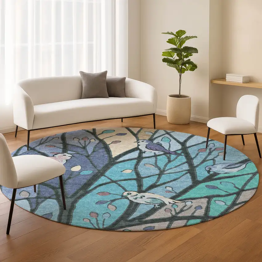 8' Blue Beige And Khaki Round Botanical Leaves Washable Indoor Outdoor Area Rug Photo 9