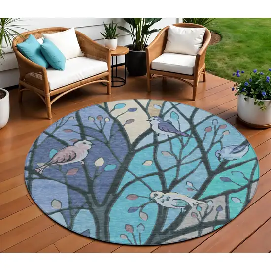 8' Blue Beige And Khaki Round Botanical Leaves Washable Indoor Outdoor Area Rug Photo 1