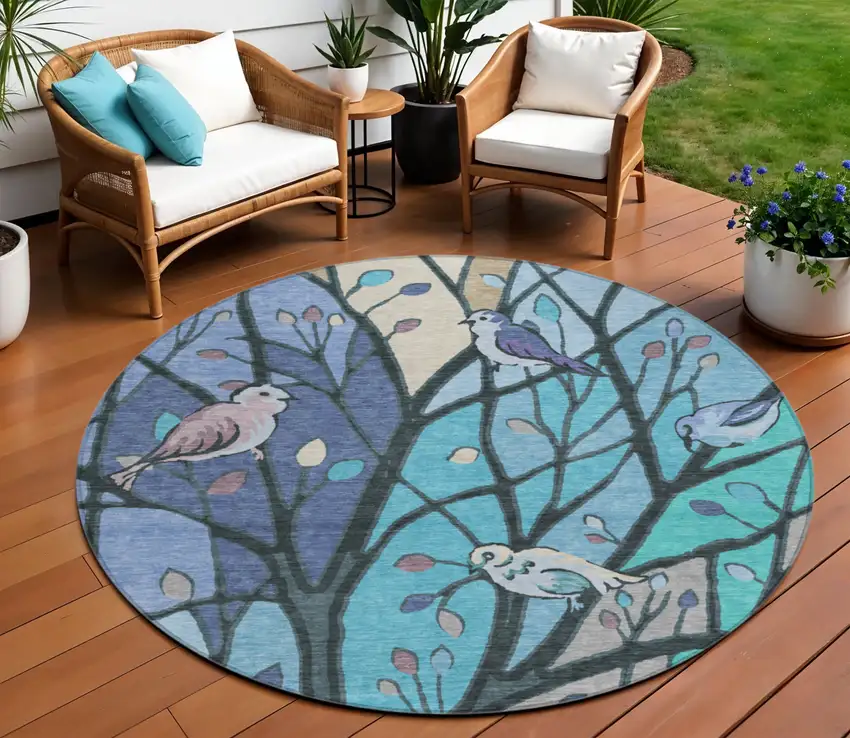 8' Blue Beige And Khaki Round Botanical Leaves Washable Indoor Outdoor Area Rug Photo 1