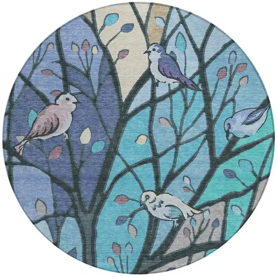 8' Blue Beige And Khaki Round Botanical Leaves Washable Indoor Outdoor Area Rug Photo 4