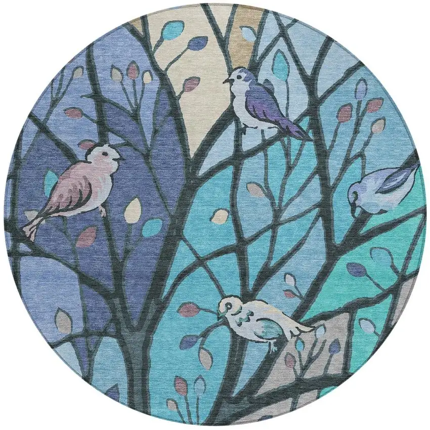 8' Blue Beige And Khaki Round Botanical Leaves Washable Indoor Outdoor Area Rug Photo 4