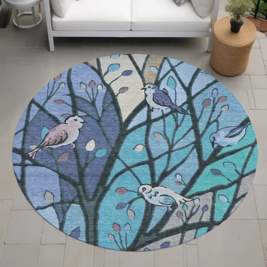 8' Blue Beige And Khaki Round Botanical Leaves Washable Indoor Outdoor Area Rug Photo 9