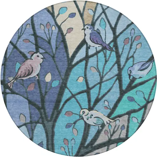 8' Blue Beige And Khaki Round Botanical Leaves Washable Indoor Outdoor Area Rug Photo 2