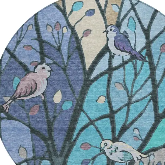 8' Blue Beige And Khaki Round Botanical Leaves Washable Indoor Outdoor Area Rug Photo 7