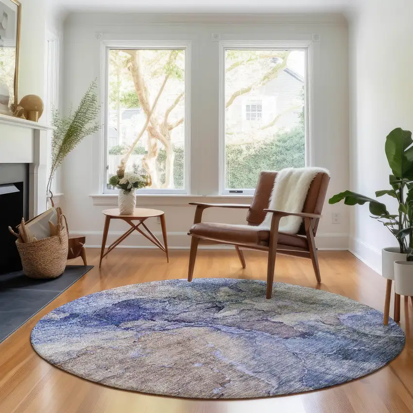 8' Blue Beige And Taupe Abstract Washable Round Rug With UV Protection Photo 4