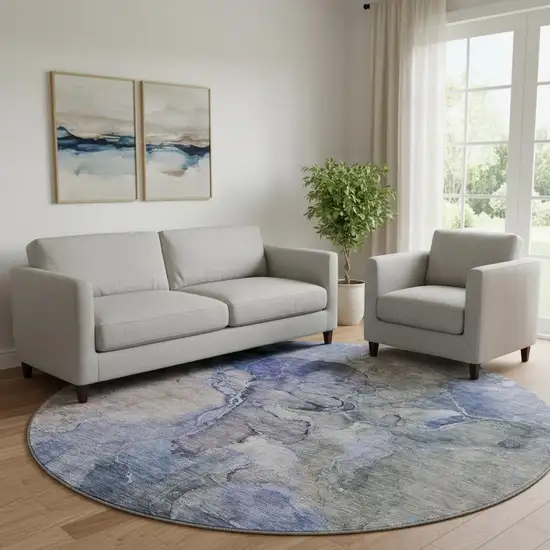 8' Blue Beige And Taupe Abstract Washable Round Rug With UV Protection Photo 1