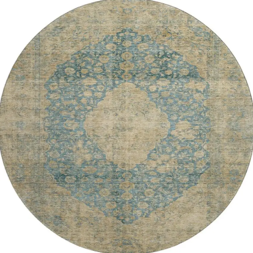 8' Blue Beige And Taupe Medallion Washable Round Rug With UV Protection Photo 3