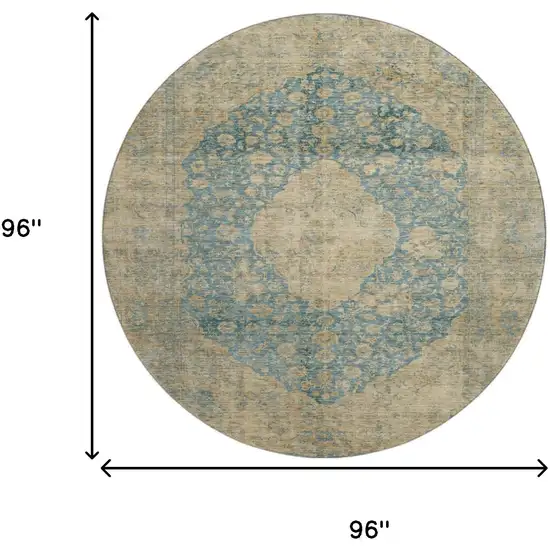 8' Blue Beige And Taupe Medallion Washable Round Rug With UV Protection Photo 9