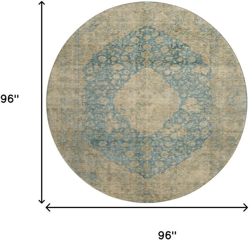 8' Blue Beige And Taupe Medallion Washable Round Rug With UV Protection Photo 9