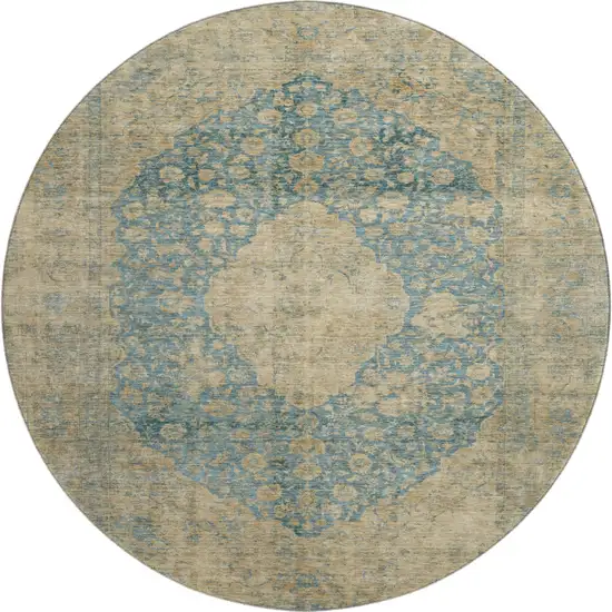 8' Blue Beige And Taupe Medallion Washable Round Rug With UV Protection Photo 1